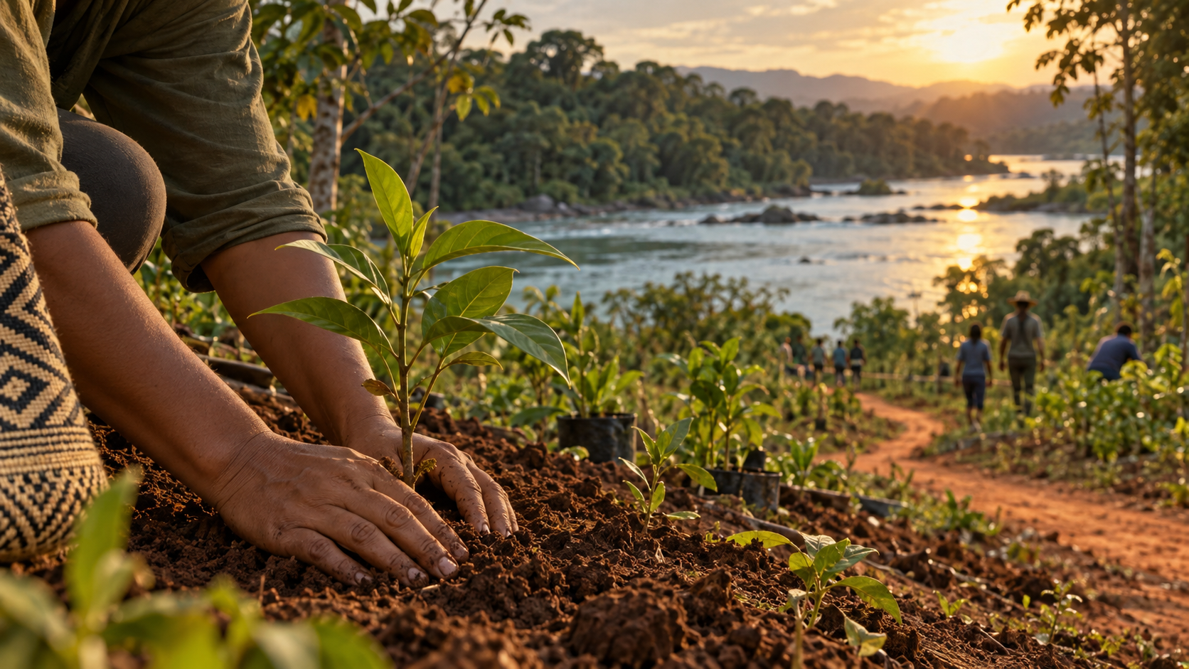 Muda nativa sendo plantada próxima a rio e floresta em restauração.