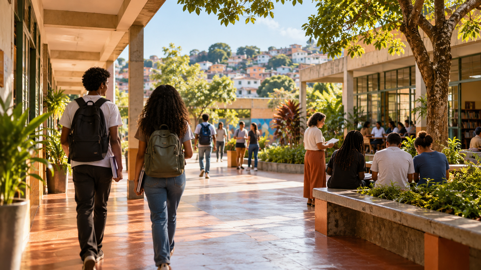 Pátio de escola brasileira com estudantes, educadores e vida comunitária.